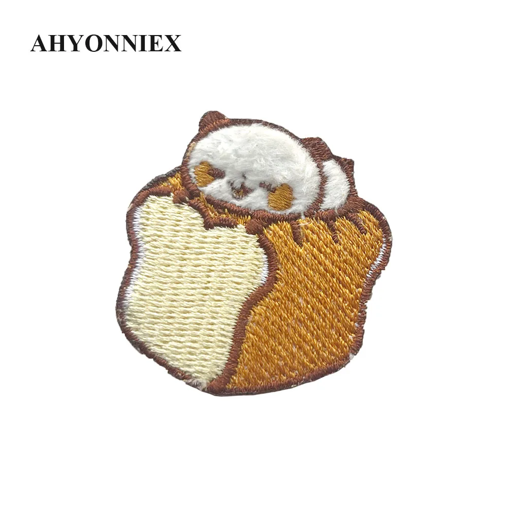 AHYONNIEX Cartoon Embroidery Cat Sleep on Bread Patches For DIY Clothing Iron on Patch with Hot Melt Glue on The Back