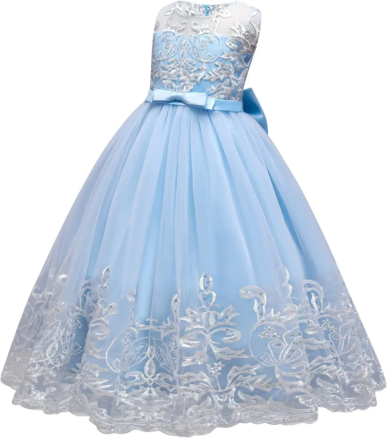 Sukienka dla dziewczynki z niebieską koronką na plecach, dużą kokardą i kwiatami, na przyjęcie urodzinowe, taniec, wieczór z okazji ukończenia szkoły, komunię, elegancka sukienka wizytowa.