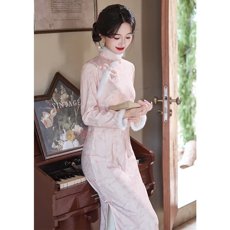 

Pink Chinese Cheongsam 2025 New Autumn and Winter High-end Temperament Young Girl Dress Qipao