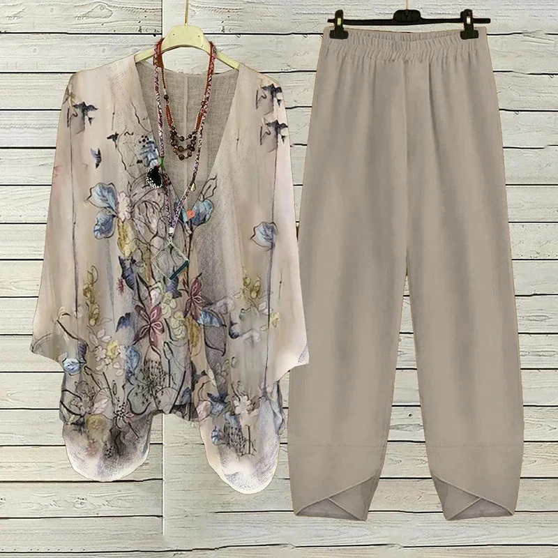 2024 Spring Floral Print Two Piece Sets Womens Outfits Sexy V-neck 3/4 Sleeve Top Pullover Elastic Waist Pants Summer Loose Suit