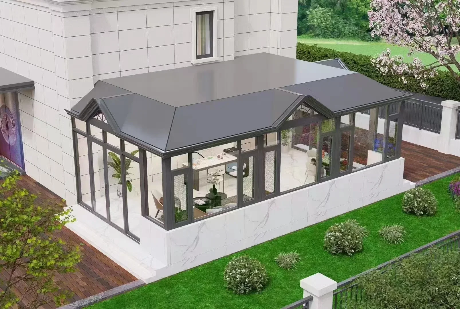 Modern Design Outdoor Garden Sun Room with Free 3D Low Steel Glass 4 Season Winter Features Wood Aluminum Frame for Villa