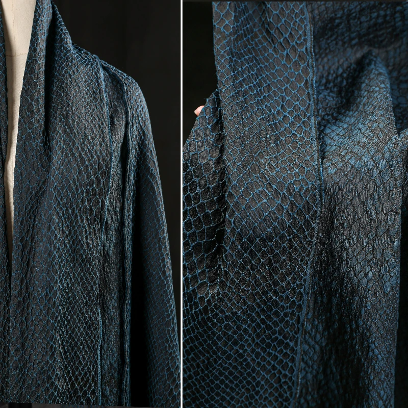 Peacock Blue-green Mottled Square Grid Fried Jacquard Fabric Vintage Mottled Lines Creative Clothing Designer Fabric