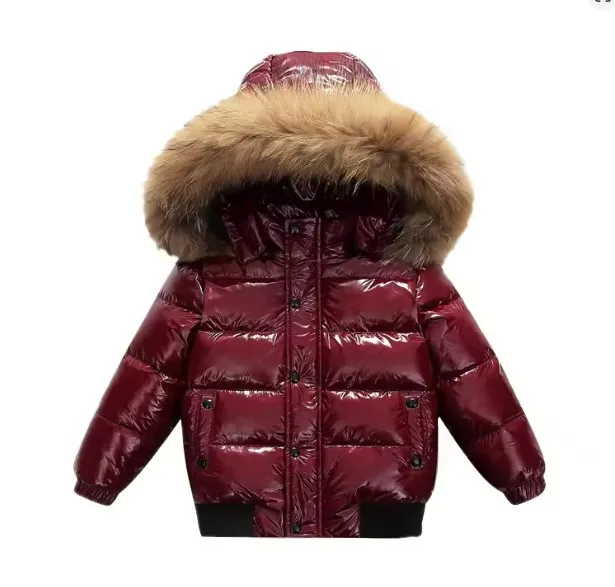 Children's Baby Girls Down Jacket Winter Thicken Warm Glossy Toddler Girls Down Coat Fur Hooded Waterproof No-rinse Outerwear
