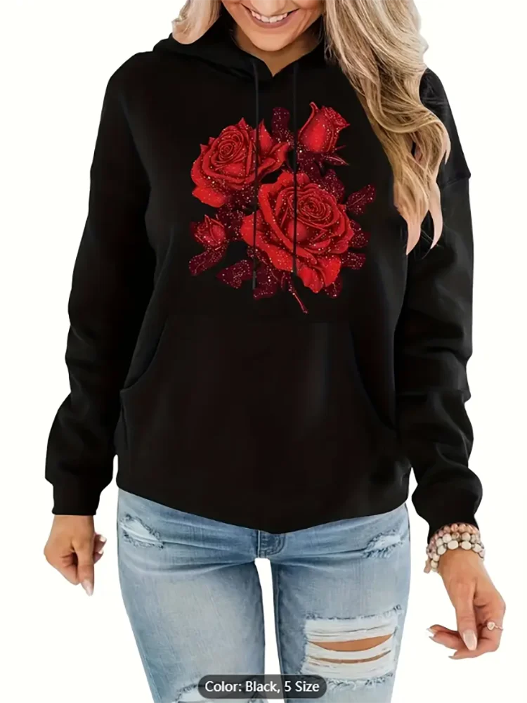 

Женская черная толстовка с блестящим красным розовым графическим принтом, повседневная толстовка с капюшоном на шнурке большого размера для любителей романтического стиля