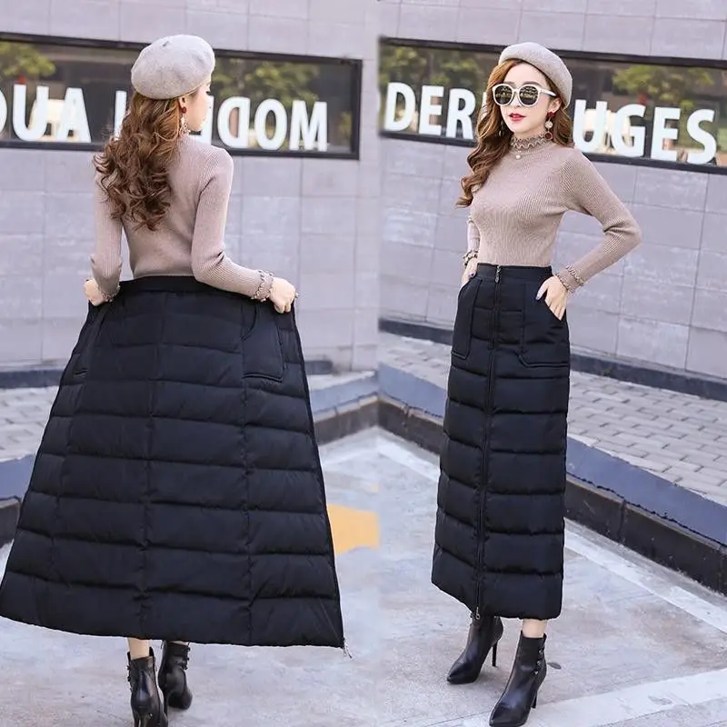 Winter Thickened Mid-Length Half Skirt Korean Style Windproof Warm Zipper down Cotton Skirt Fashionable High Waist A-Line Skirt