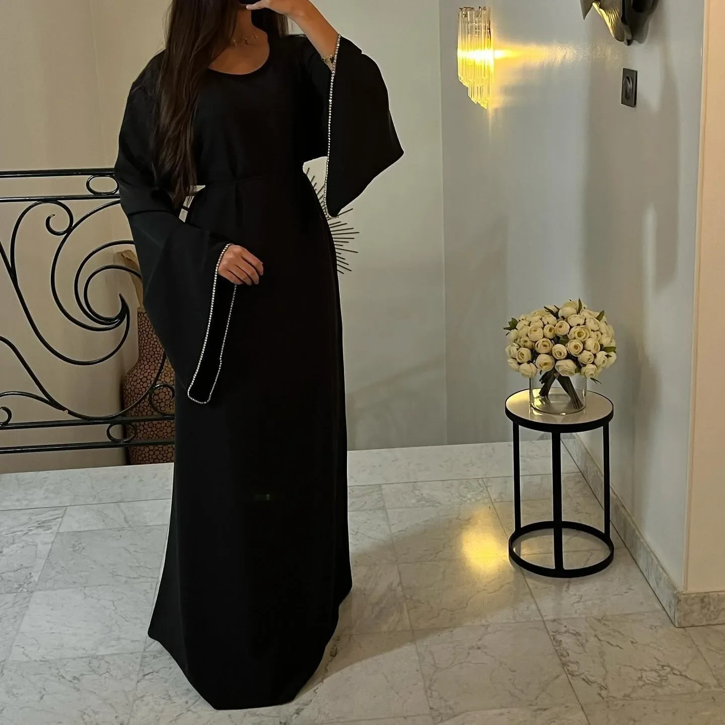 Dubai Abaya Elegance Islamic Clothing Dress for Women Turkey Arabic Muslim Dress Women Cuff Diamond Robe Musulmane Femme Vestido