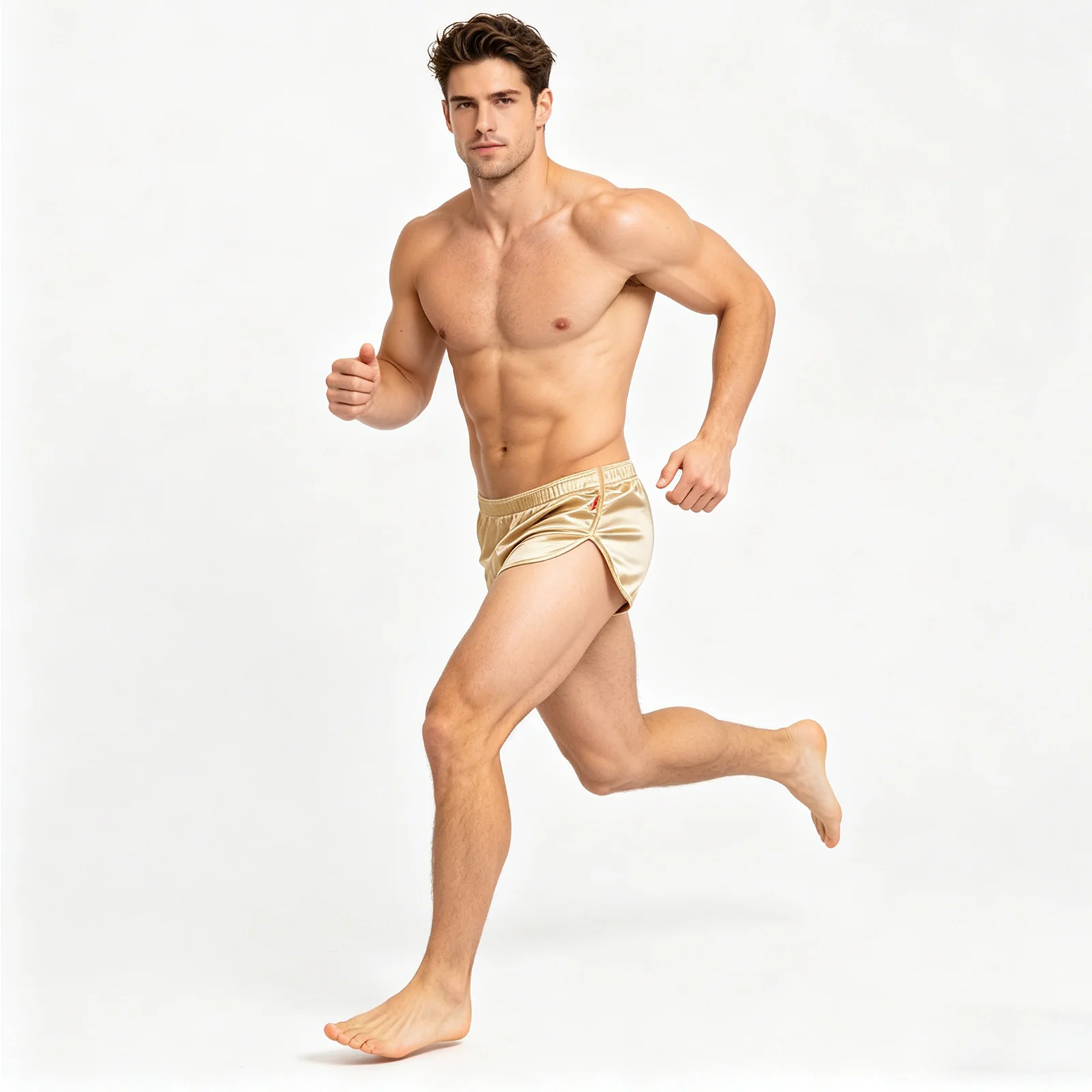 Luxuriöse Herren Schnelltrocknende Satin-Laufshorts mit Niedriger Taille und Seitenschlitz für Fitness, Workout, Sporttraining und Jogging – Detail 6