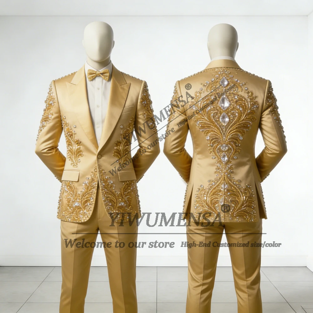 

Exquisite Rhinestones Beaded Men Suit Attire For Men Slim Fit 2 Piece Peaked Lapel Prom Blazer Trousers Customized Groom Tuxedos
