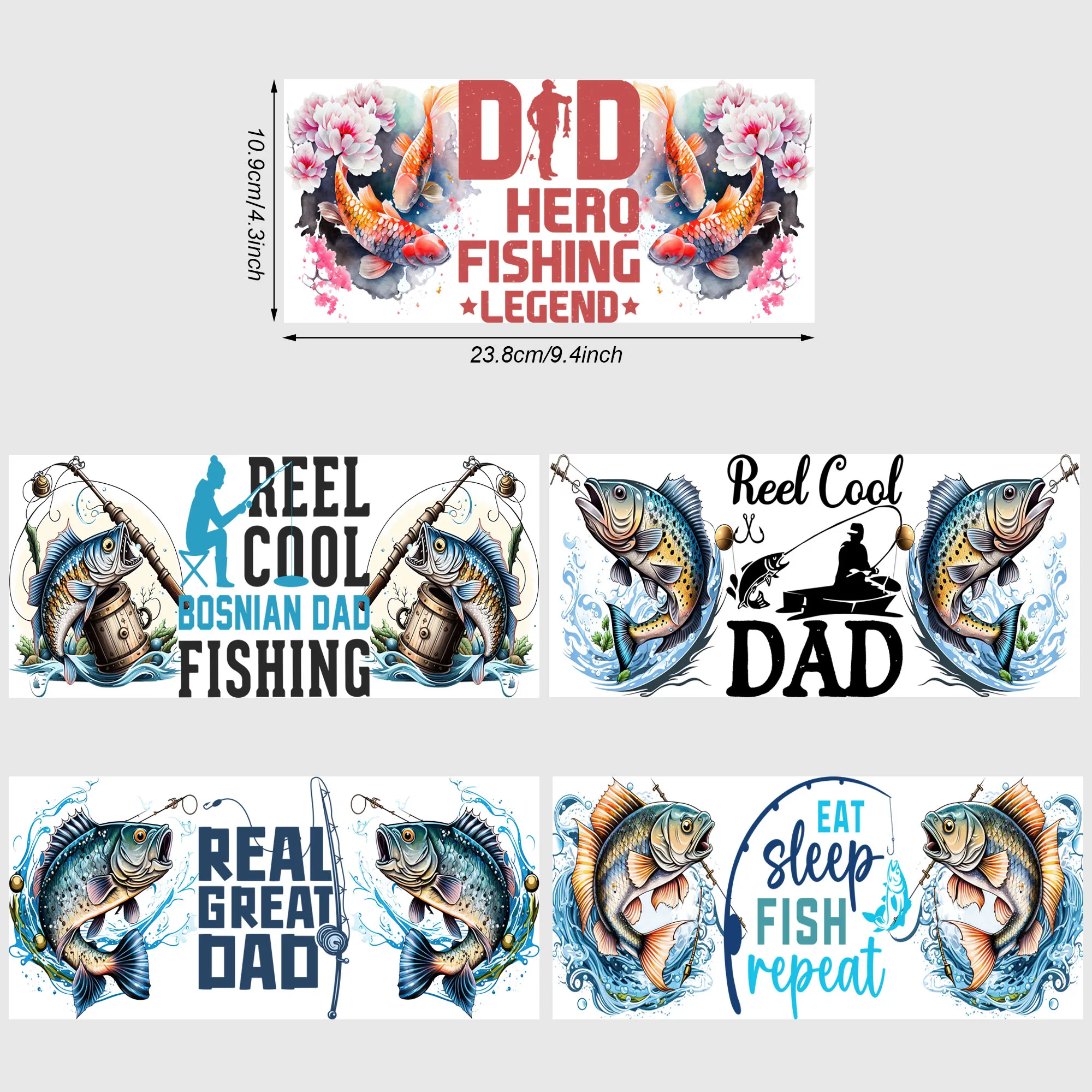 5 Sheets Fishing Dad UV DTF Cup Stickers, Sport DTF Transfer Stickers for Glass, Waterproof Friction Transfers, for 16 oz Glass,