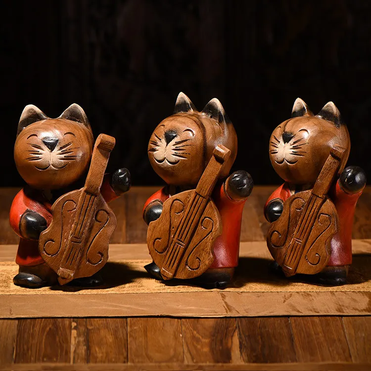 Solid Wood Kitten Wood Carving Home Decoration Wholesale Kitty Decoration