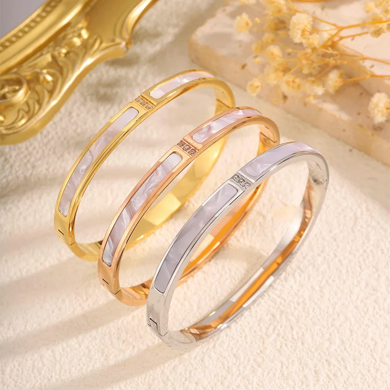 

Stainless Steel Bangle for Women, Gold/Rose Gold/Silver, Mother of Pearl Inlay Cuff with CZ, Stackable Nickel Free Jewelry Gifts