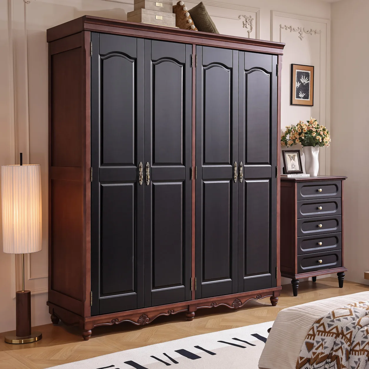 French medieval solid wood three doors open four doors large wardrobe American combination household floor storage locker