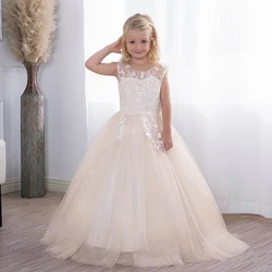 Luz champanhe flor menina vestido de renda tule glitter criança vestido de festa de casamento princesa vestido de baile comunhão robe princesse fille