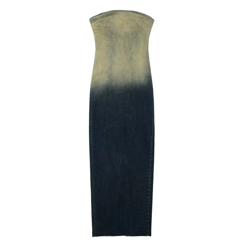 

Fashionable Slim Fit Denim Tube Dress Shoulder Bared Neckline round High Waist Long Skirt without Sleeve H Type Silhouette