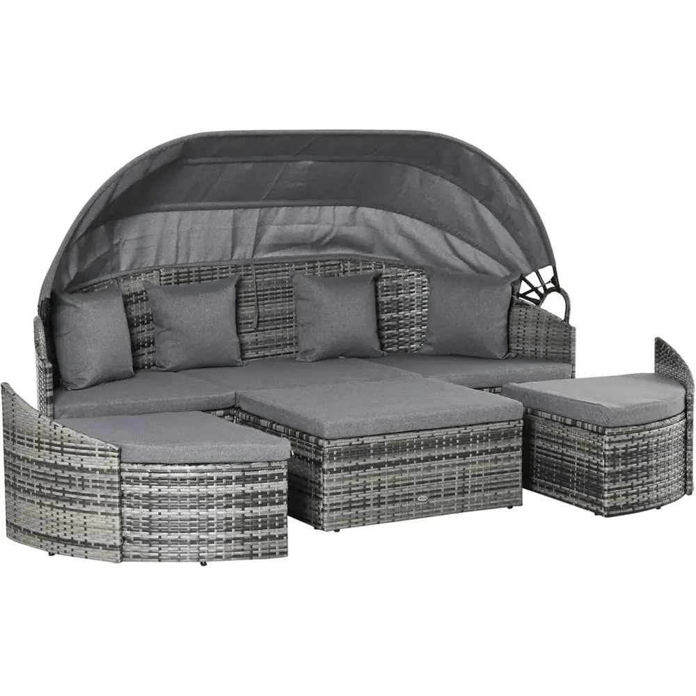 

Комплект уличной мебели из ротанга из 4 предметов, круглая трансформируемая кушетка или шезлонг для патио, секционная софа с подушками, подушечками для ног и подставкой для ног.