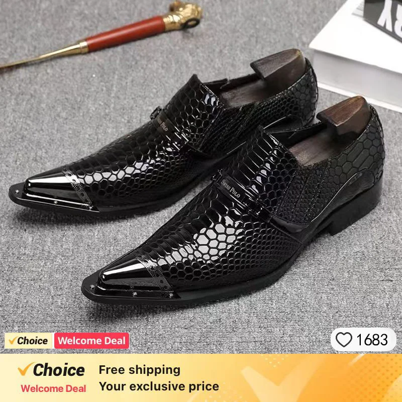 Office shoes Dress  Brand Men Shoes Handmade Pointed Gold Metal Toe Dress Shoes Men Shiny Wedding/Party Shoes Sapatos Masculino