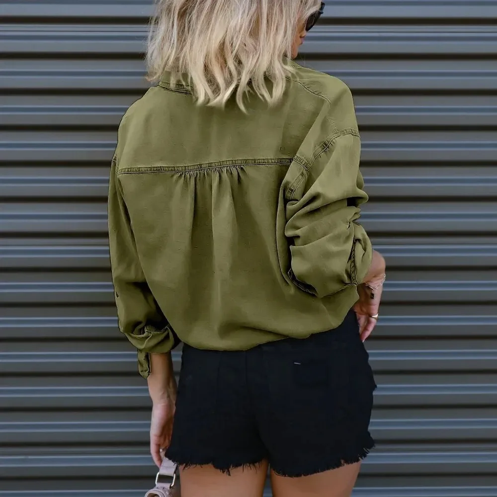 Women's Full Sleeve Denim Shirt, Turn Down Collar, Drawstring Loose, Casual, Regular Button Pockets, Splice Short Shirts, Autumn