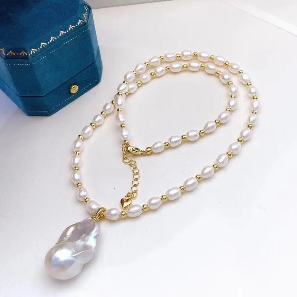 jane jewelry Retro style natural freshwater pearl pendant oversized Baroque rice necklace 15-30mm unique personality 43cm PB