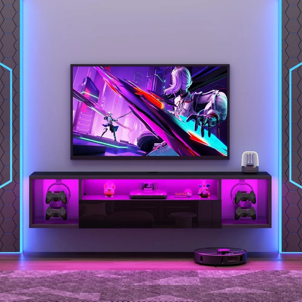 Wall-Mounted Floating TV Stand with LED Lights and Storage for Entertainment Center in Living Room and Bedroom
