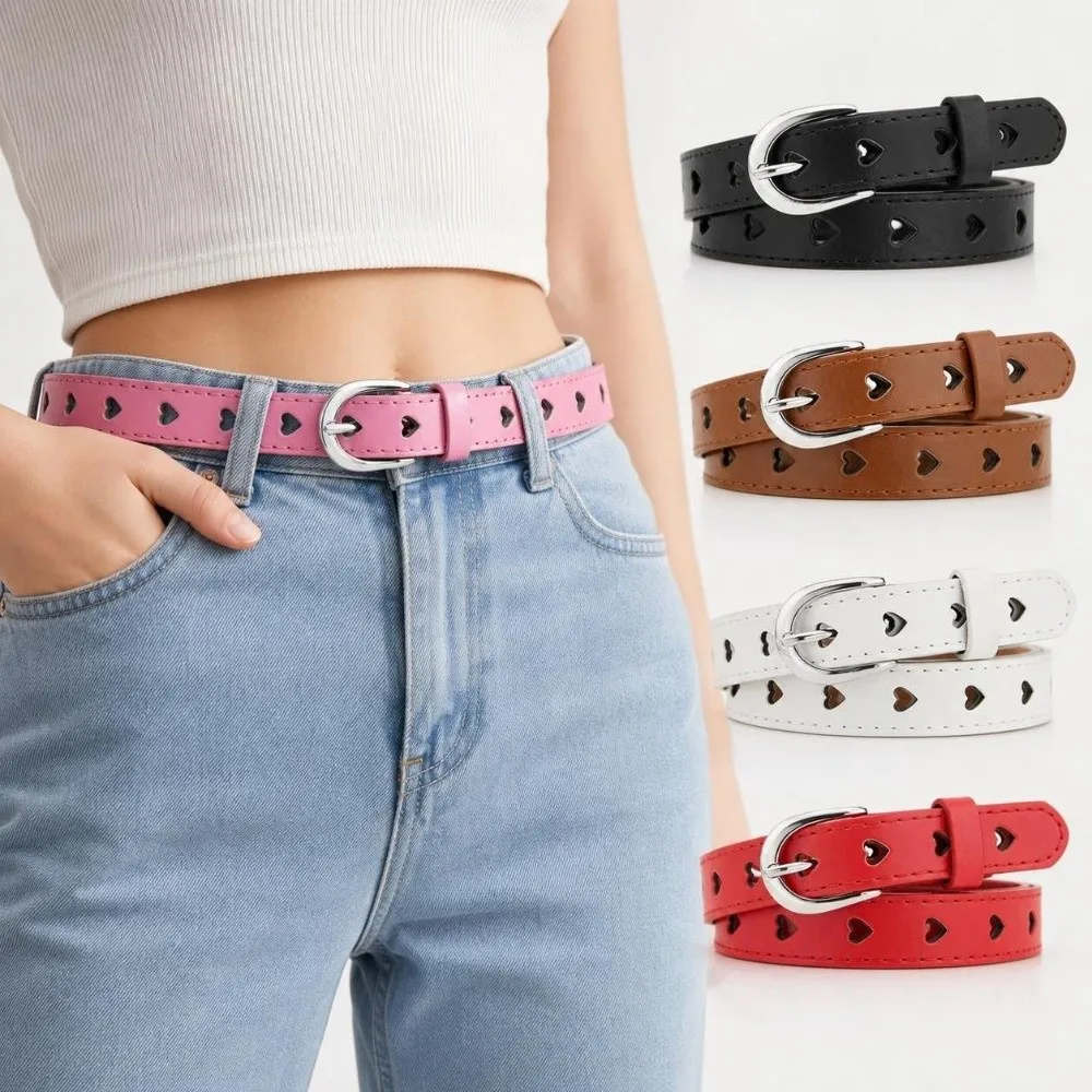 Versatile Hollow Heart Waist Belt Needle Buckle Alloy Buckle Jeans Belt PU Leather Denim Match Pants Belt Casual Wear