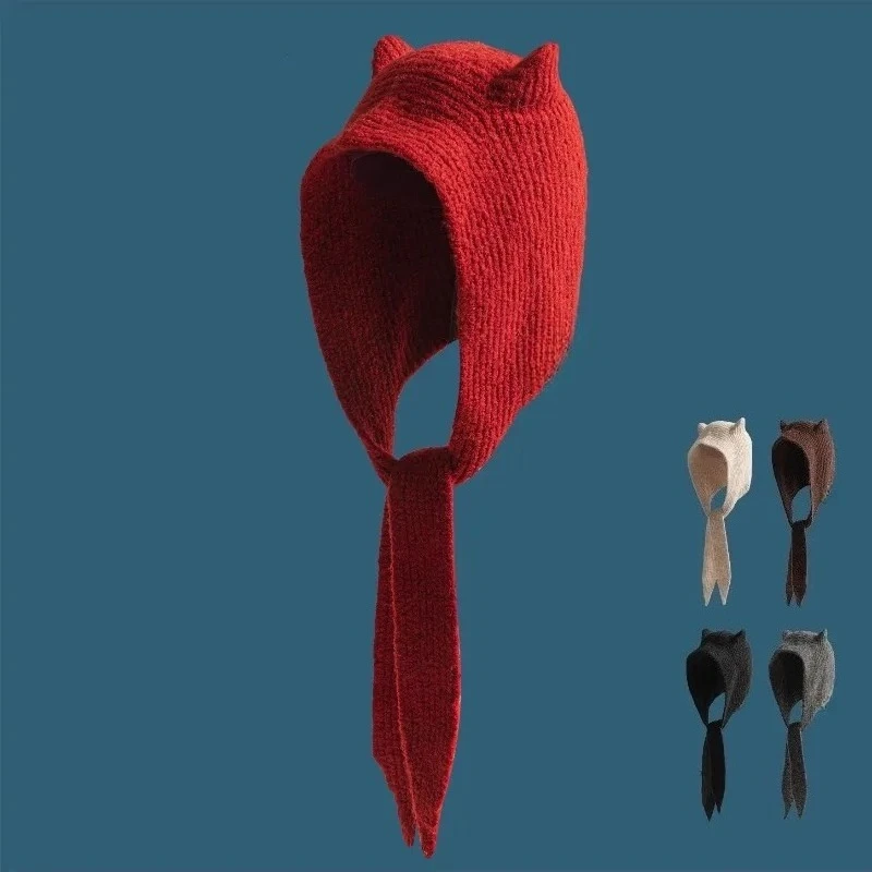 Korean Version of The Niche Scarf Knitted Balaclava Hat Women's Autumn and Winter Warm Versatile Retro Christmas Red Wool Cap