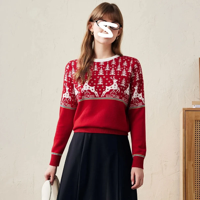 

Deer Jacquard Contrasting Color Pullover Sweater 2024 New Autumn and Winter Lazy Style Jacquard Top Temperament for Women