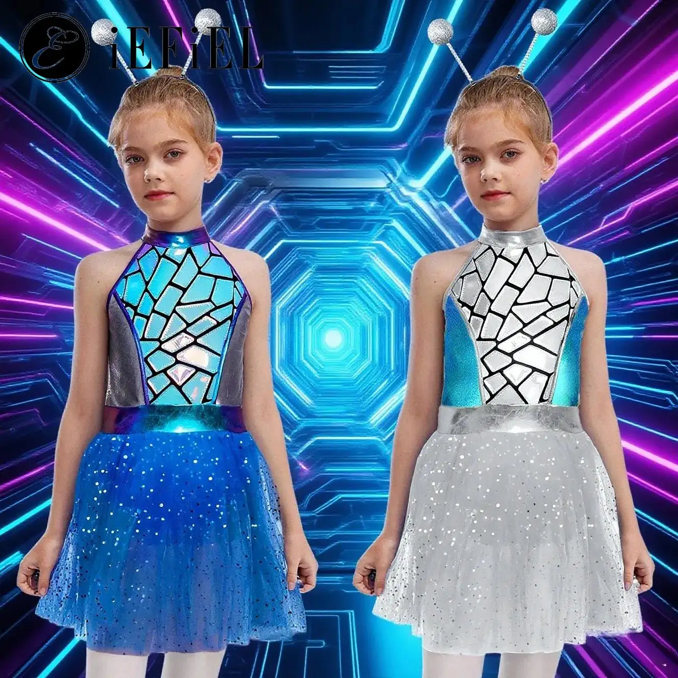 

Girls Outerspace Alien Cosplay Costume Robot Princess Halloween Show Dress-up Sparkly Halter Leotard Tutu Skirts with Headband