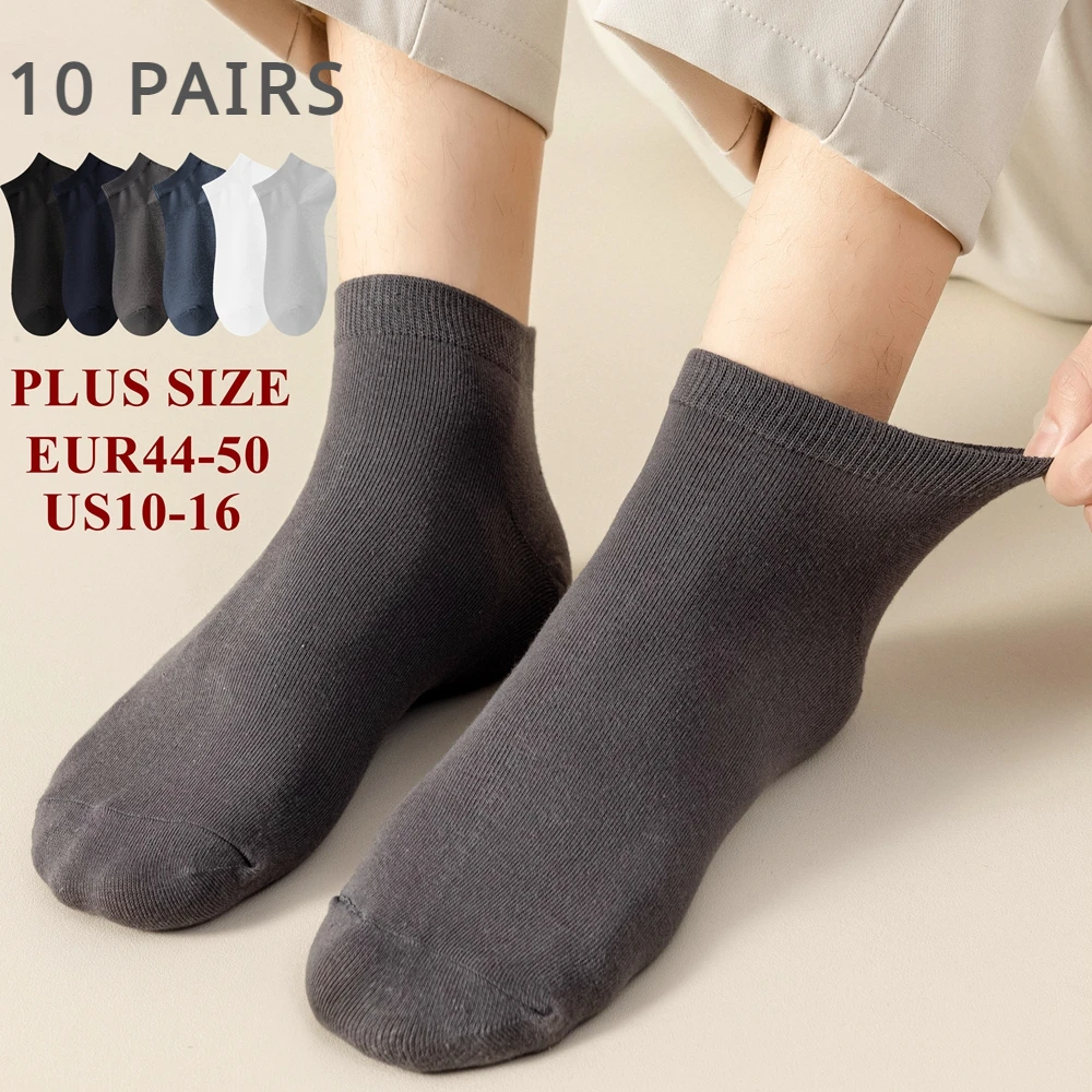 10 Pairs EUR44-50 Plus Size Men Ankle Socks High Quality Cotton Summer Socks Low Cut Sports Short Socks Boys Black White