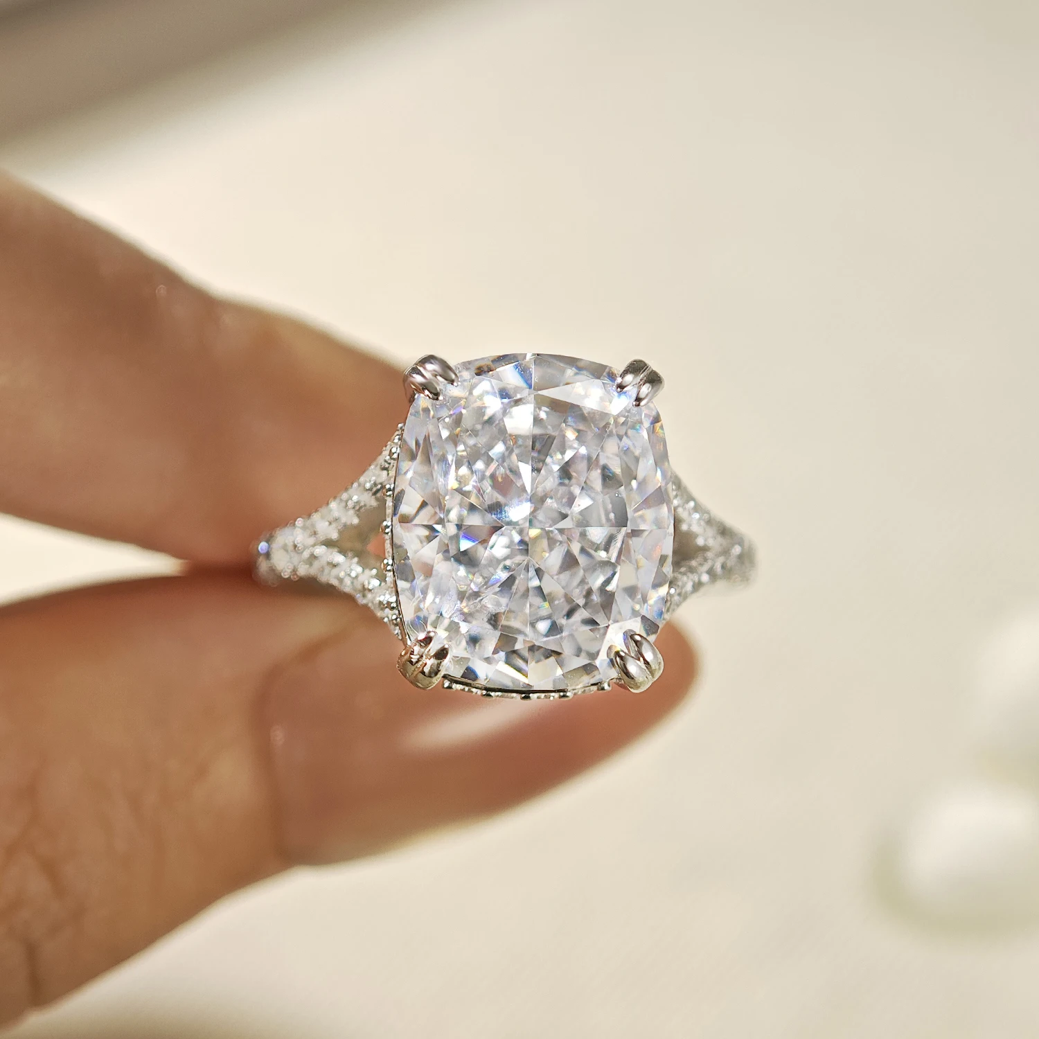 925 Sterling Silver Cushion Cut Moissanite Engagement Ring, 6ct Cushion Moissanite with Split Shank Paved Side Stones, GRA Certi