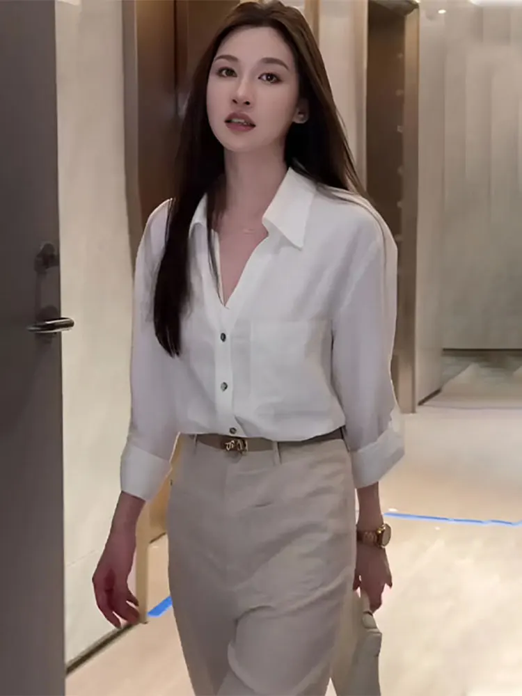 Elegant V-Neck Long Sleeve Women's Shirt Loose Fit Unique Top Early Spring Fashion Korean Style Commute Wind Pure Color