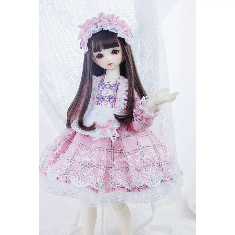 Vestido xadrez rosa bonito para menina, conjunto de roupas de boneca BJD, tamanho Blyth, acessórios, três pontos, 1/4, 1:6