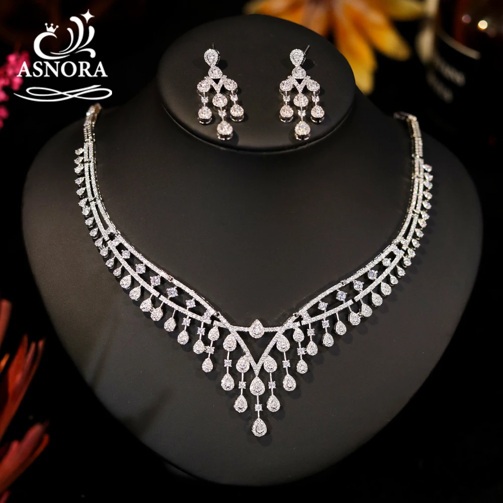 

Luxury Wedding Party Silver Color Jewelry Set for Brides Shiny Cubic Zirconia Women's Necklace Earrings Accessories Colier X0465