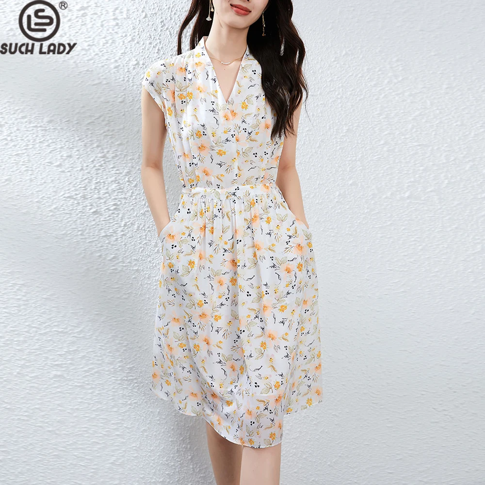 

100% Natural Silk Women's Dresses Sexy V Neck Sleeveless Printed Side Pockets Fashion Vestidos