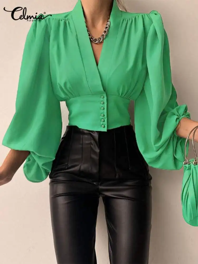 Celmia Elegant Women Shirts French Vintage Puff Sleeve Short Tops Sexy V Neck Buttons Blouses 2024 Autumn Solid Color Chic Blusa