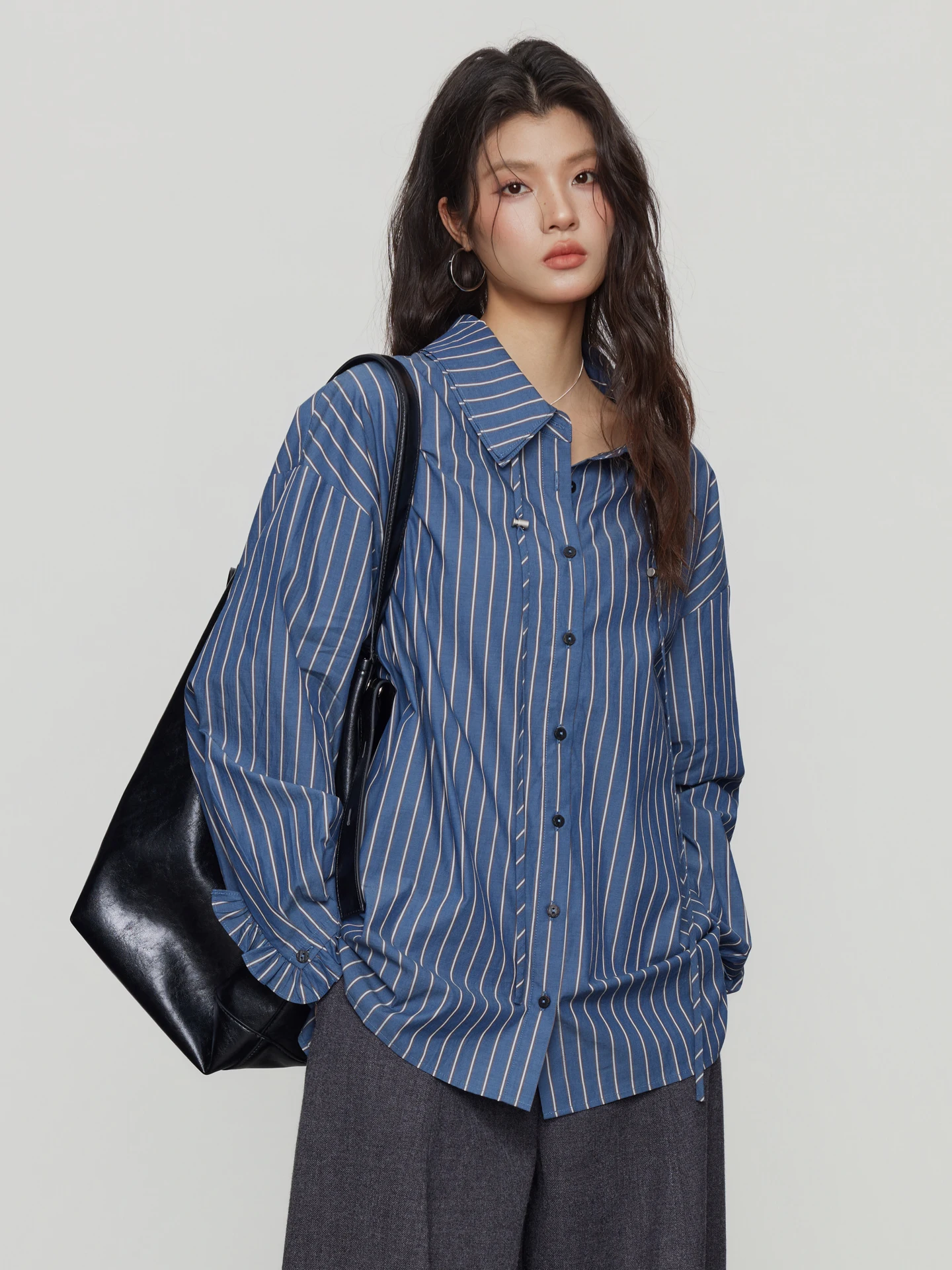 

KEARA Deep Blue Striped Double Layer Collar irt with Bow Tie Commute Casual Wood ain Unique Design Women's Top