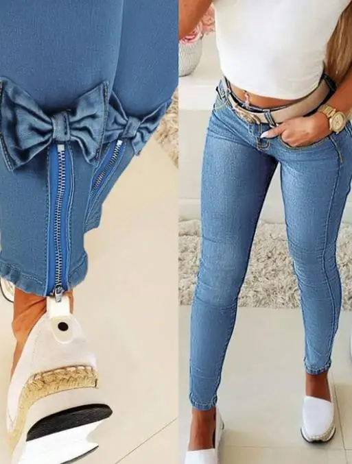 Women's bow zipper slit tight jeans with personalized design, slim fit straight leg jeans