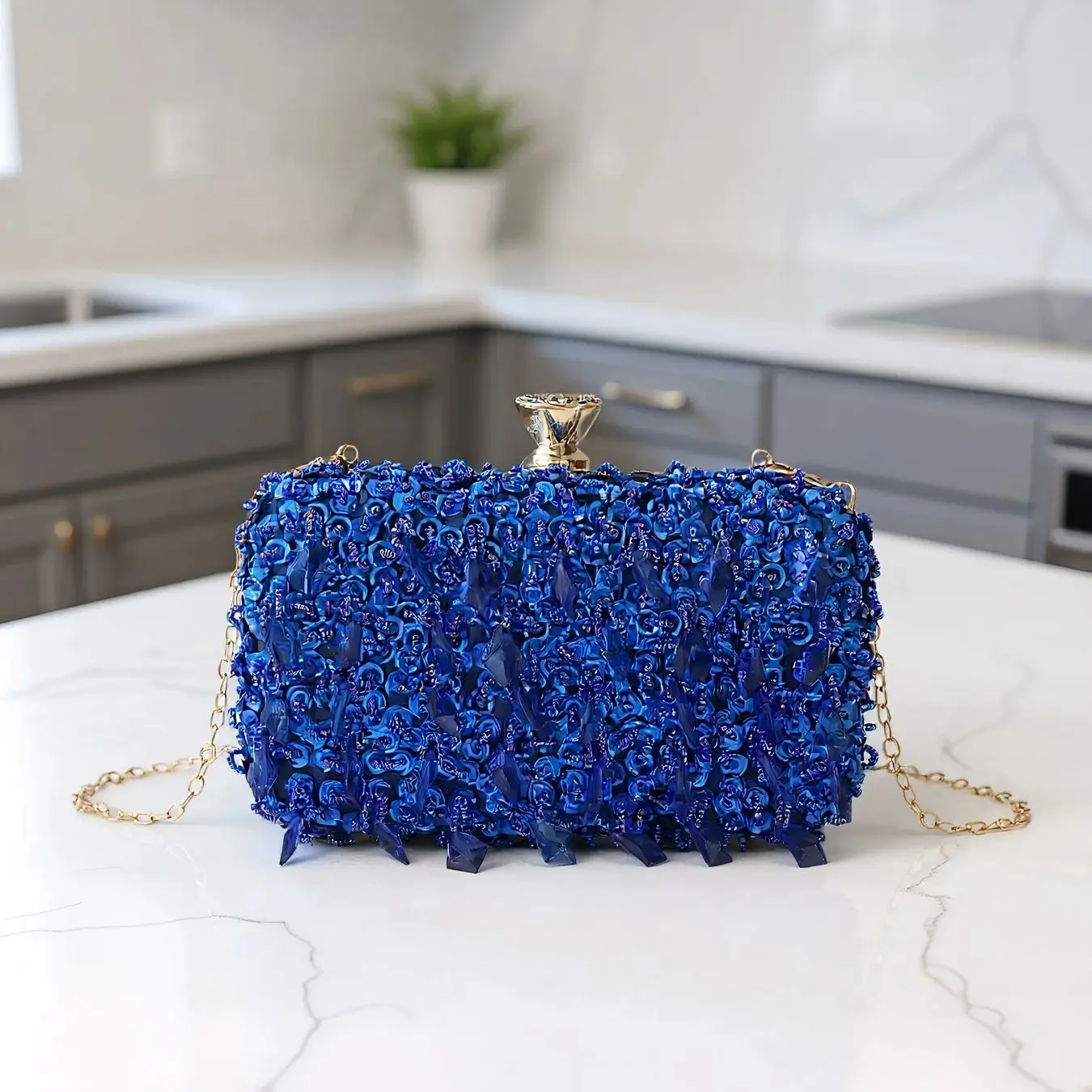 Sky Blue Color Tassel Evening Bags Embroidery  Clutch Bags Flap Fashion Crown Glitter Acrylic Beading Handbags With Shoulder view 2
