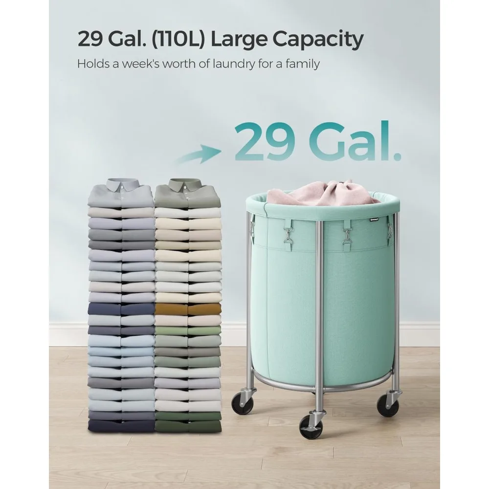 Laundry Basket with Casters, Rolling Laundry Basket, 29 Gallons, Round Laundry Cart, Steel Frame and Detachable Bag, 4 Casters