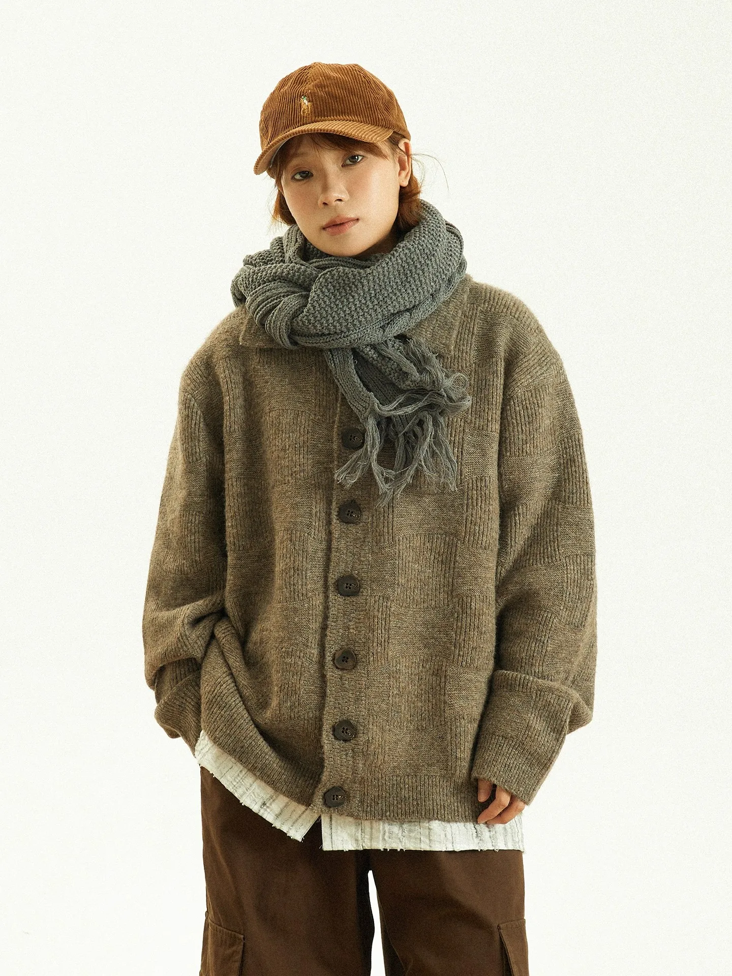 

ex Vintage Loose Knitted Cardigan Sweater Casual Sle Long Sve Collared Open Front Autumn Winter Faion College Sle