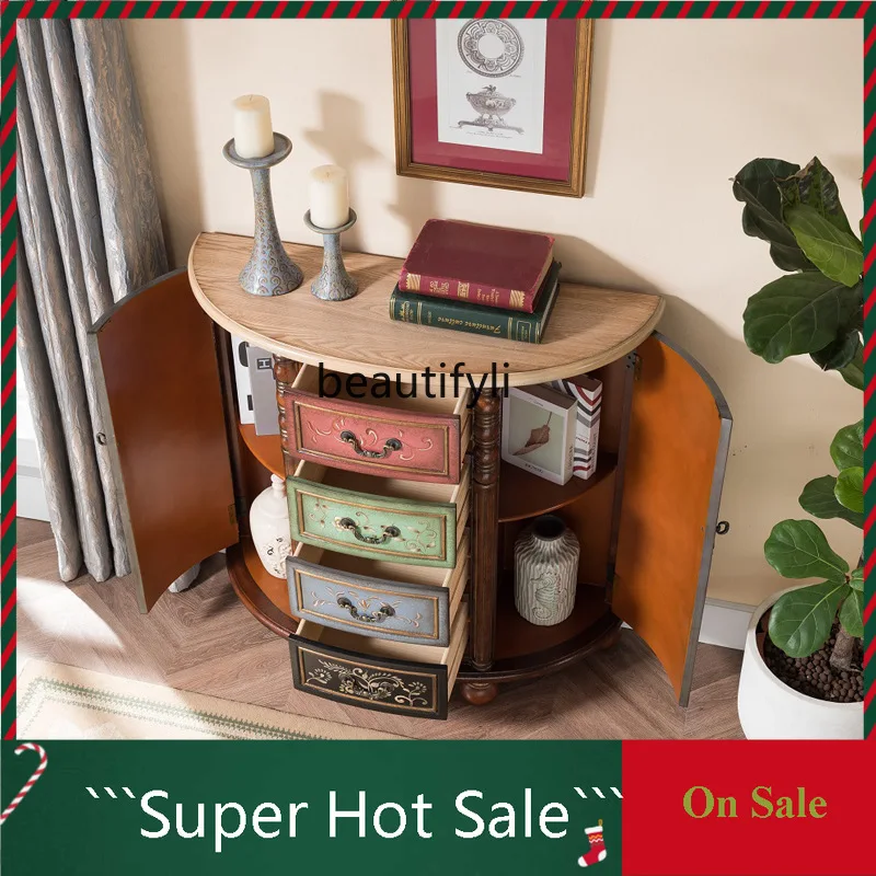 

Окрашенный полукруглый входной шкаф из массива дерева, ретро, ручная роспись, декоративная перегородка для гостиной, спальни, сундук, шкаф 03