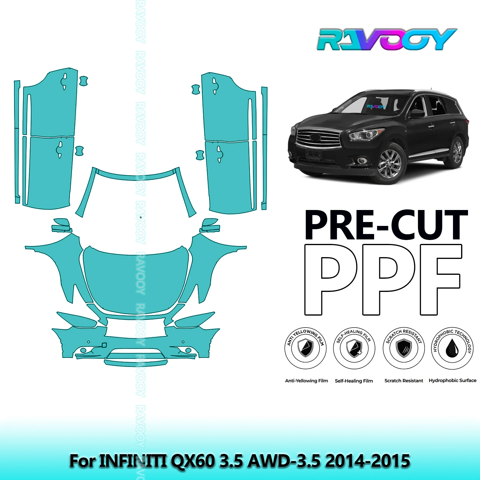 

8.5Mil Precut Paint Protection Film PPF Clear Bra Front Kit+Doors For INFINITI QX60 3.5 AWD-3.5 2014-2015