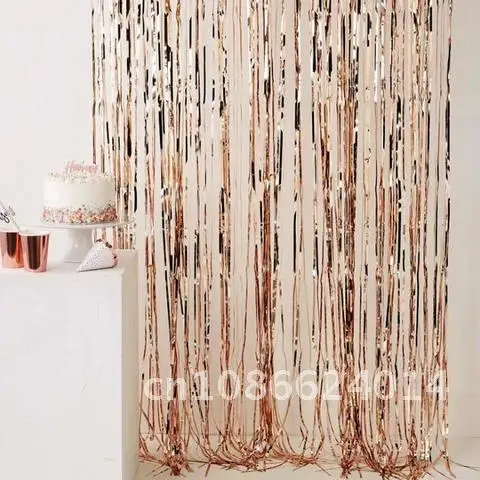 1*2M Rose Gold Foil Fringe Tinsel Curtain Tassel Wedding Christmas Birthday Party Decor Photography Backdrop Party Supplies 1PCS