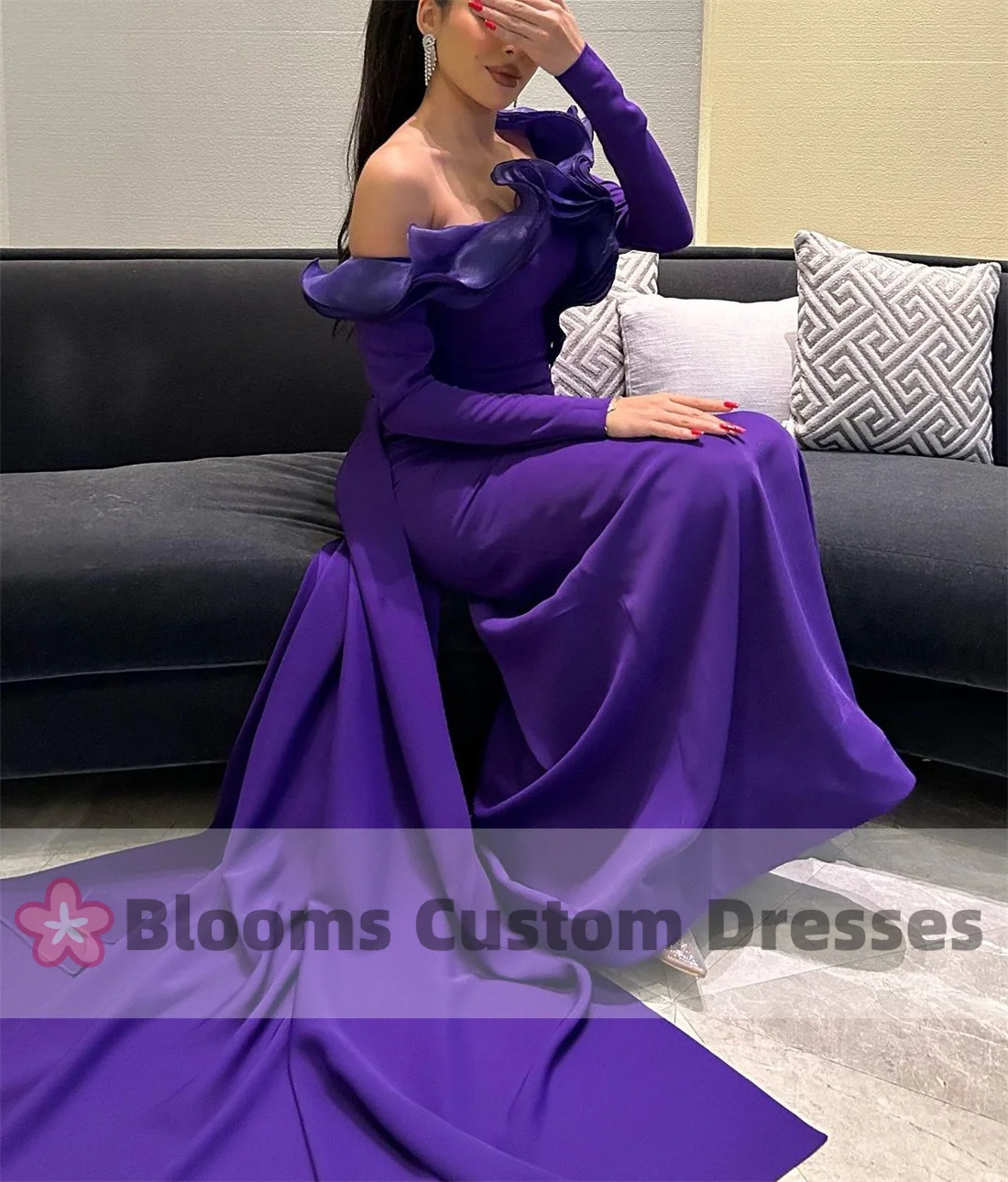 Blooms Purple Off Shoulder Long Sleeves Customized Evening Dresses For Special Occasion Ruffles Party Dress Back Train Prom Gown