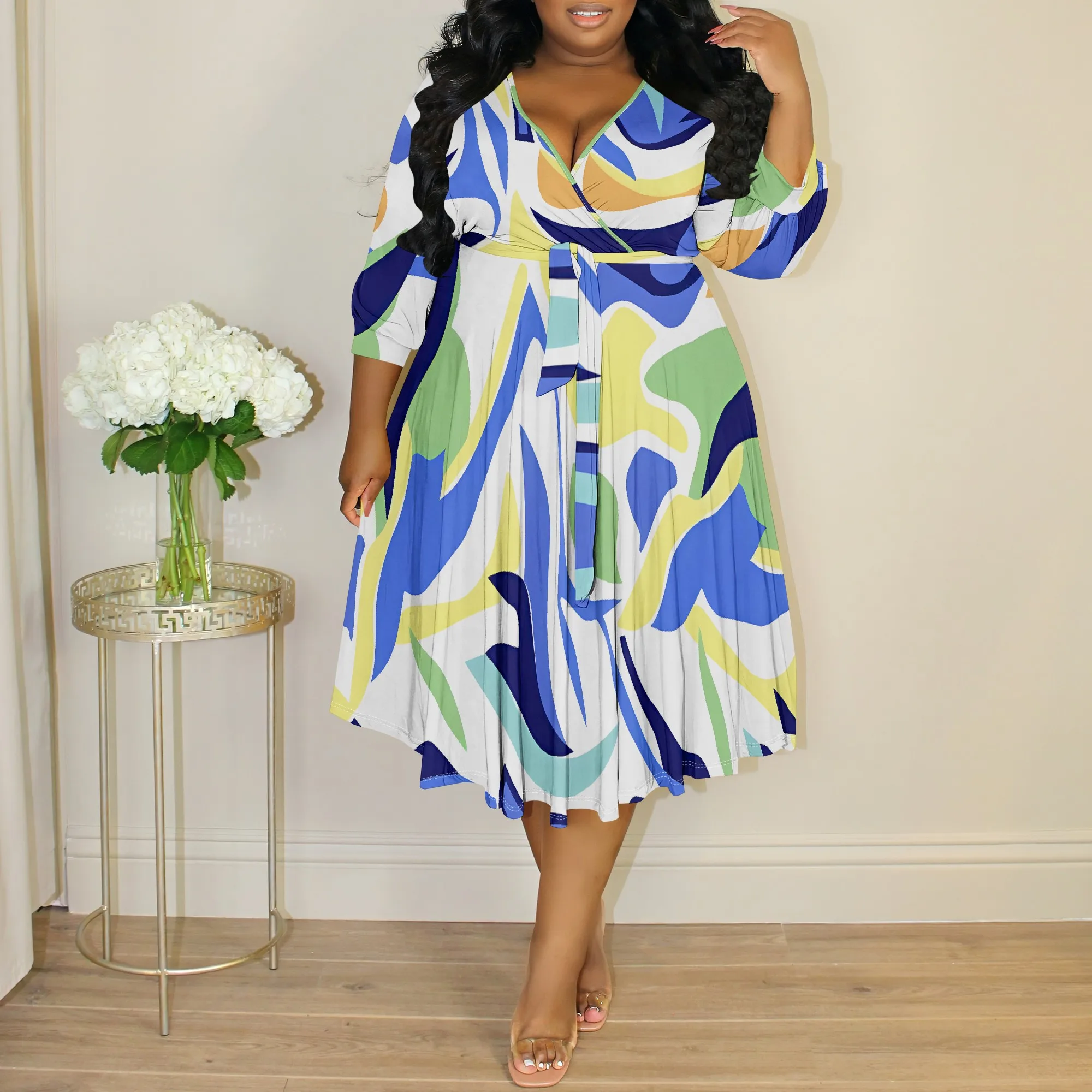 

Women's Slate Grey Striped Plus Size Belted Shift Dress Polyester Fall Modern
