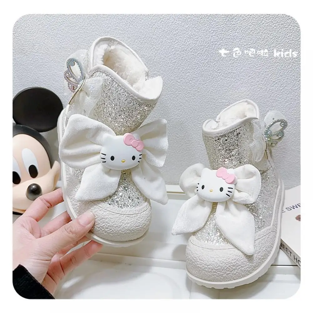 Kawaii Hello Kitty Kids Girls Snow Boots Sanrio Anime Winter New Cartoon Princess Bow Outdoors Non-Slip Waterproof Short Boots