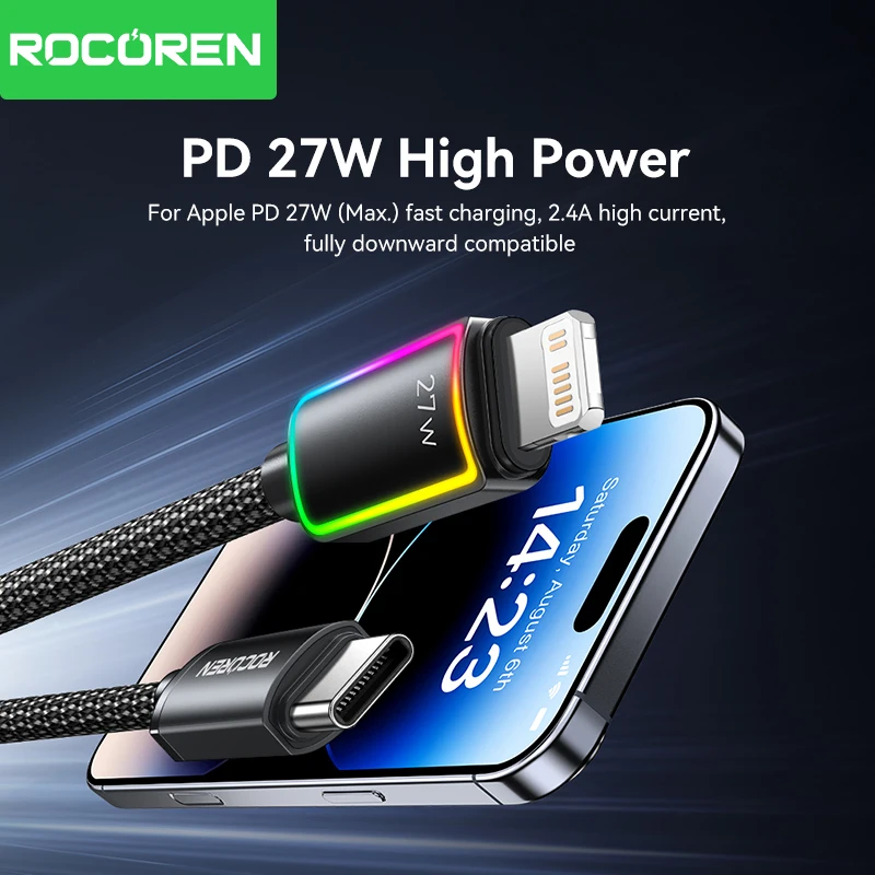 Rocoren PD 27W USB C Lighting Data Cable for iPhone 14 13 12 11 Pro Max Fast Charging 2.4A USB2.0 Data Cord for iPad Pro Wire