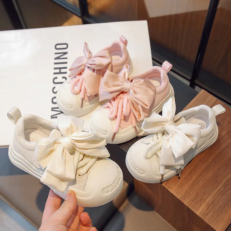 Fashion Baby Girls Canvas Shoes Princess Children Anti-slip Anti-kick Bow Sports Shoes School Student Sneakers White Shoes 1-12Y