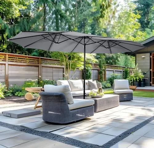 15ft Patio Umbrella with Base, 10-Year-No-Fade Large Outdoor Double-Sided Market Umbrella with UPF50+Terylene Polyester