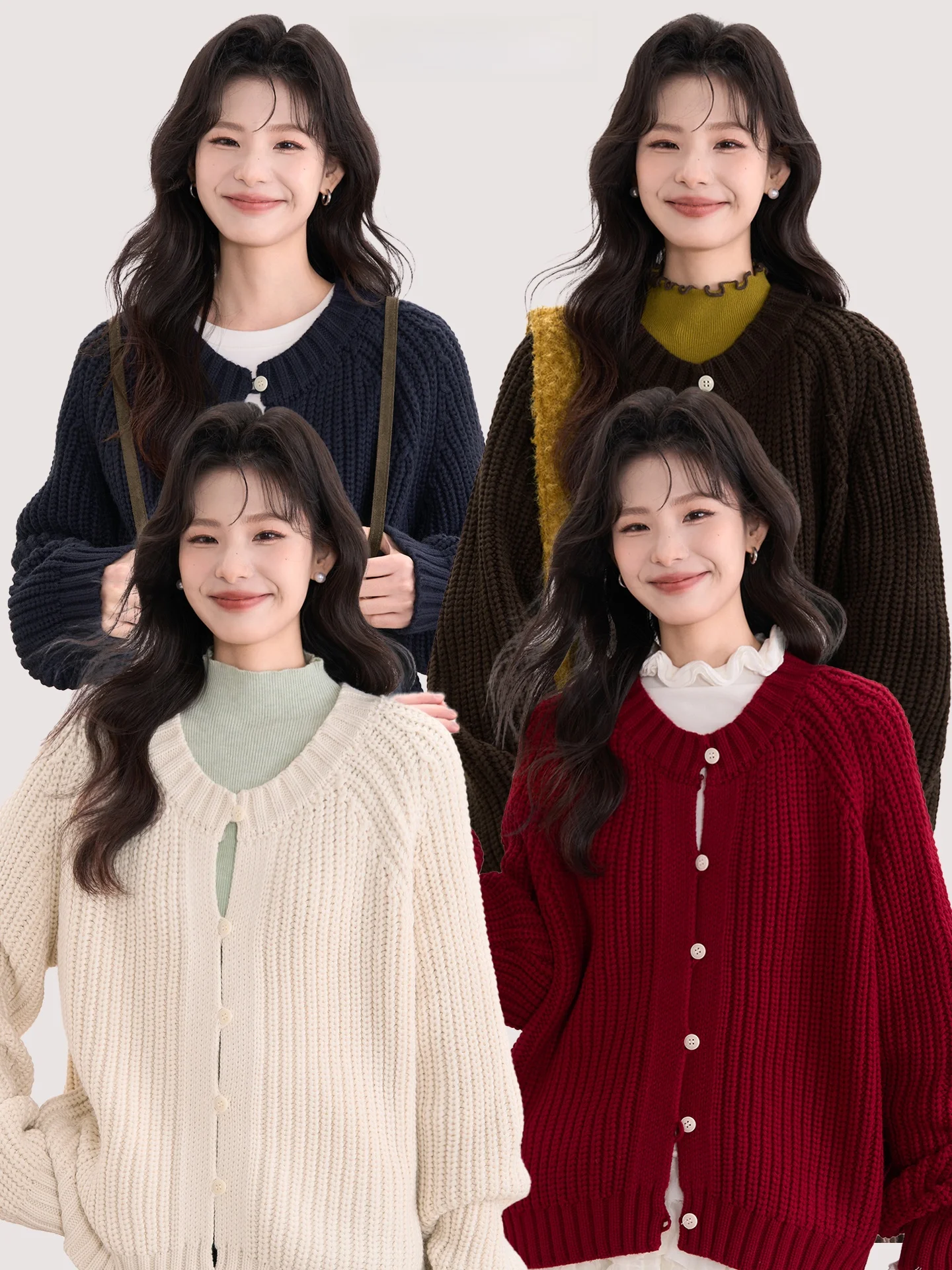 

Retro Artistic Knitted Cardigan Women's Winter Outerwear round Neck Long Sleeve Soft Thickened Woolen Coat Casual Loose Fit