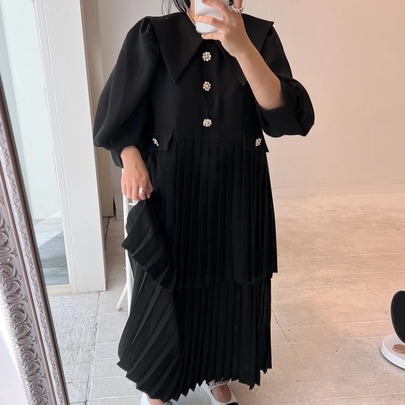 Vestido Longo Psado Chic e Jovial para Mulheres, Estilo Coreano, Manga Bufante, Deco com Botões Florais, Saia de Dupla...